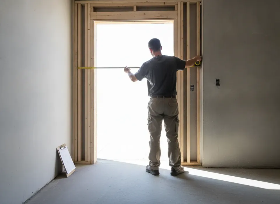 Technician measuring a garage door opening