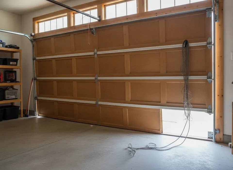 Garage door off its track with a loose cable