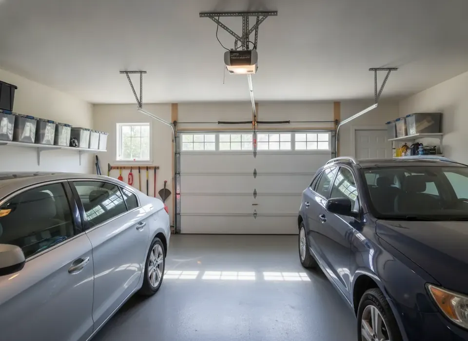 Belt-drive garage door opener on a garage ceiling